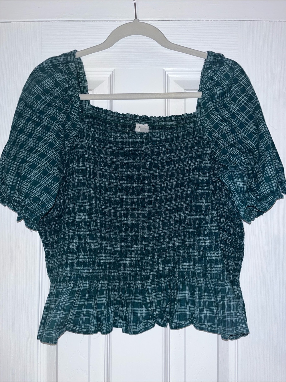 J. Crew Factory Plaid Smocked Square-Neck Puff Sleeve Top